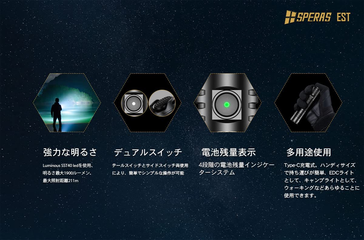 Amazon | SPERAS【EST】LED 充電式 懐中電灯 フラッシュライト